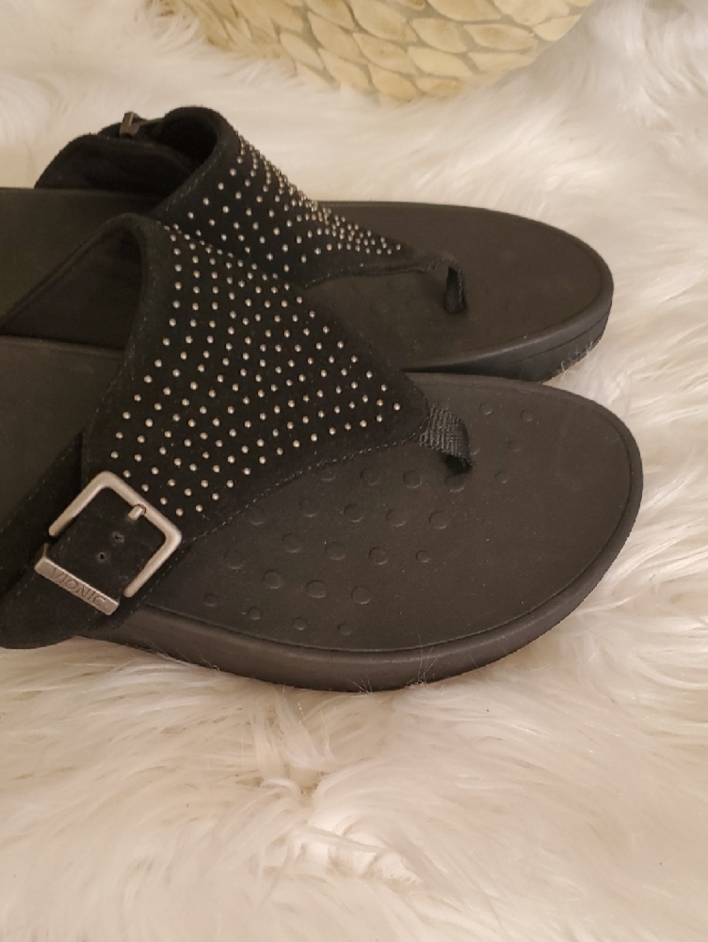 Vionic Black Studded Suede Toe-Post Sandals - Picture 11 of 14